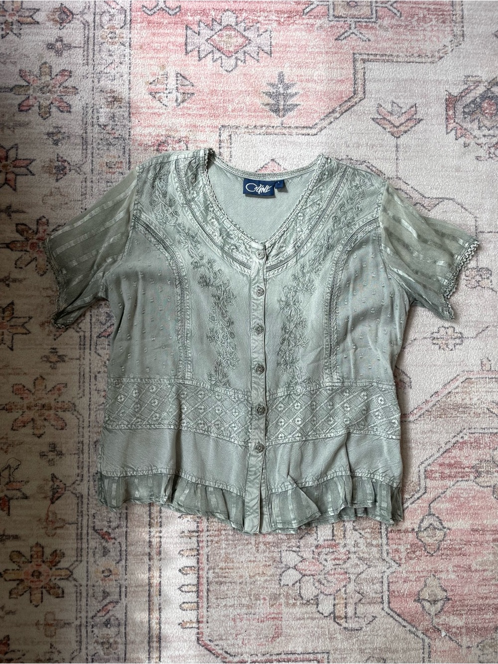Coline Sage Green Button Up Blouse Lace Cottagecore Womens L